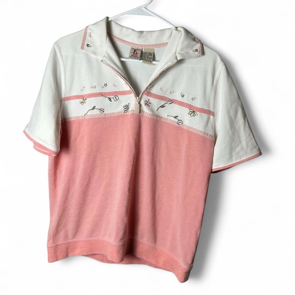 Vintage K Wear Pink & White Half-Zip Polo Top